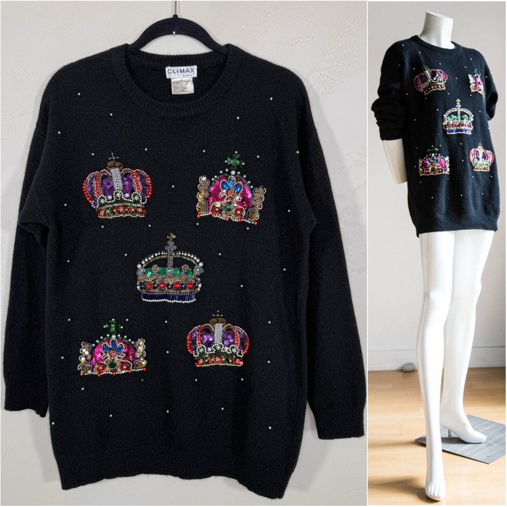 Vintage Climax by Sacha Wool Angora Blend Sequin Bead Crowns Embellished Sweater